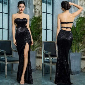 Bra Open Back Pleated Sequins Slim Party Long Dress - ZUHA fashions